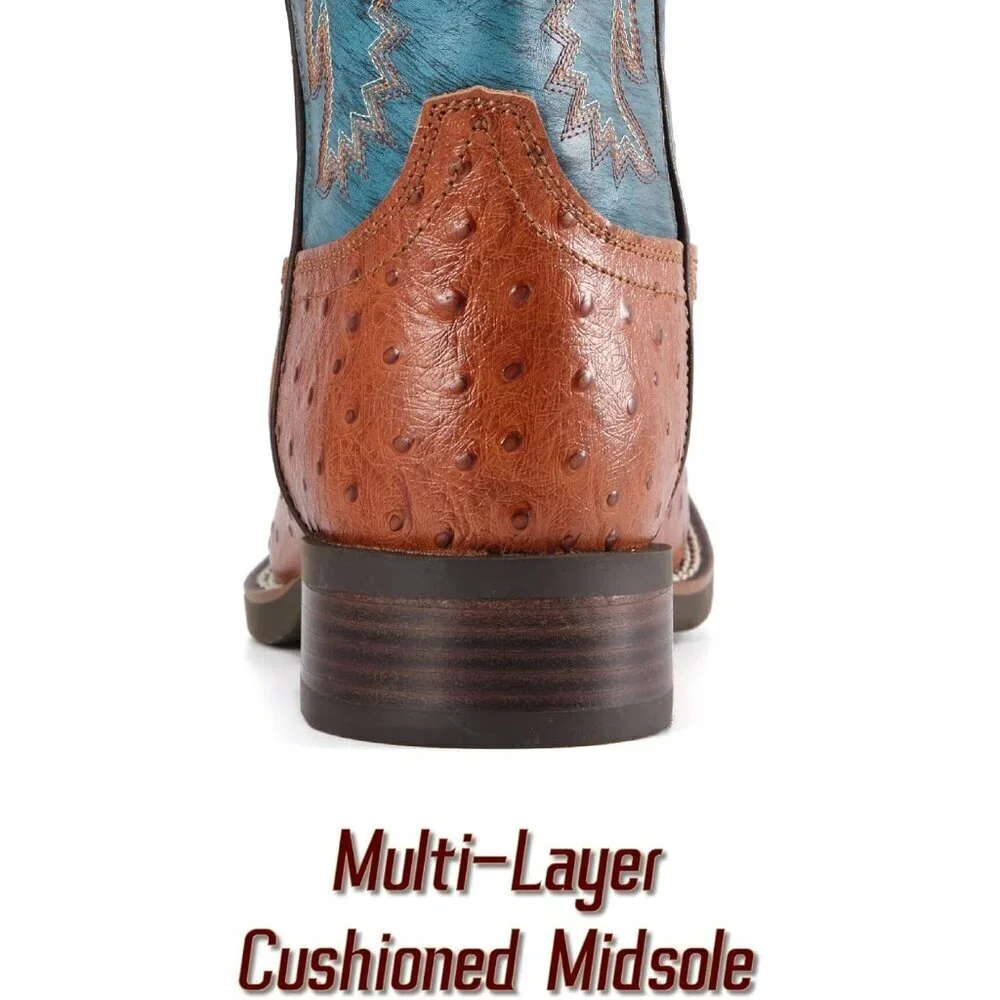 Men‘s Brandy Leather Cowboy Ostrich Patter Square Toe Embroidery Western Boots